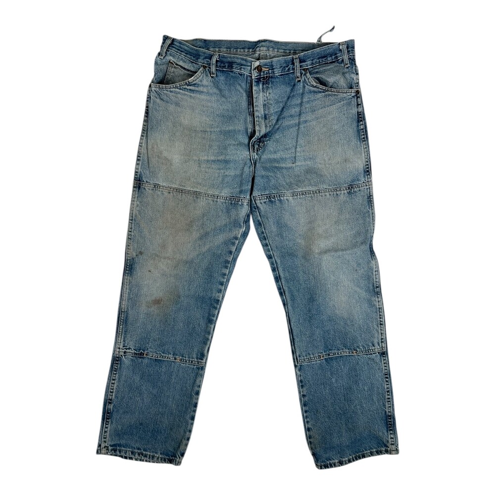Dickies Double Knee Denim Jeans Mens 38x32 Blue Relaxed Straight Work Thrashed